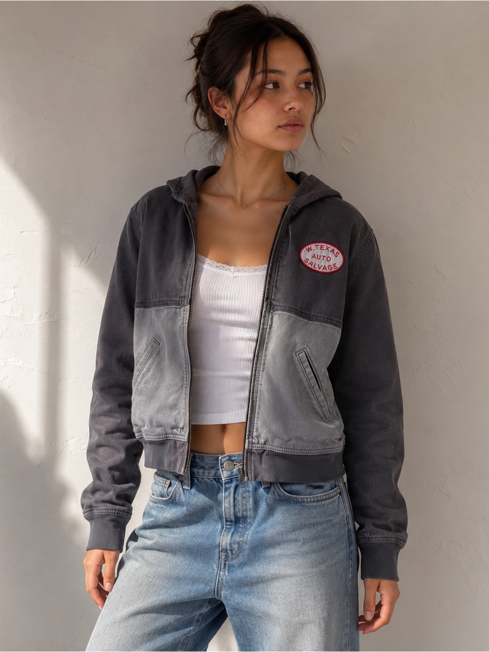 Hollister Oversized Workwear Hooded Jacket Gray Utility Zip Up Women's Small